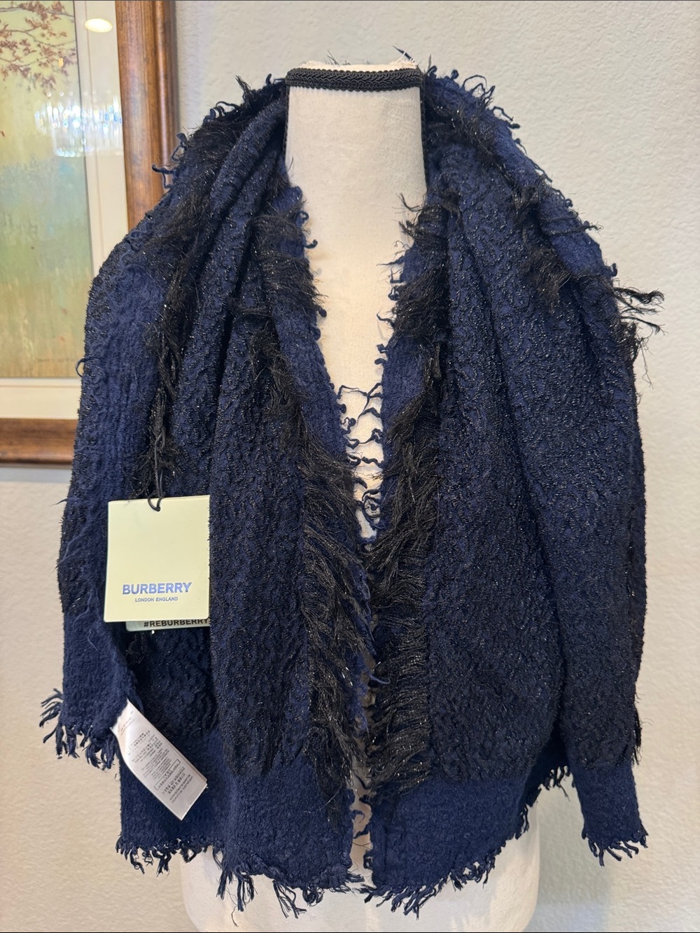 Authentic Burberry Navy Fringed Knit Scarf/Wrap